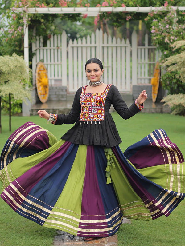 Black Kutchi Gamthi Work Top With Multi Color Lehenga