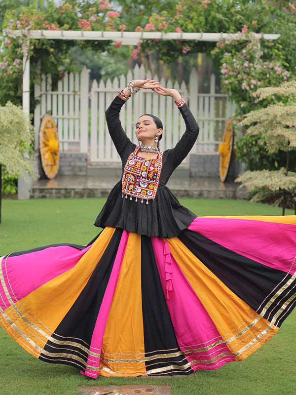 Black Kutchi Gamthi Work Top With Multi Color Gota Patti Lace Work Lehenga