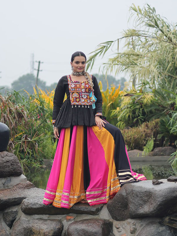 Black Kutchi Gamthi Work Top With Multi Color Gota Patti Lace Work Lehenga