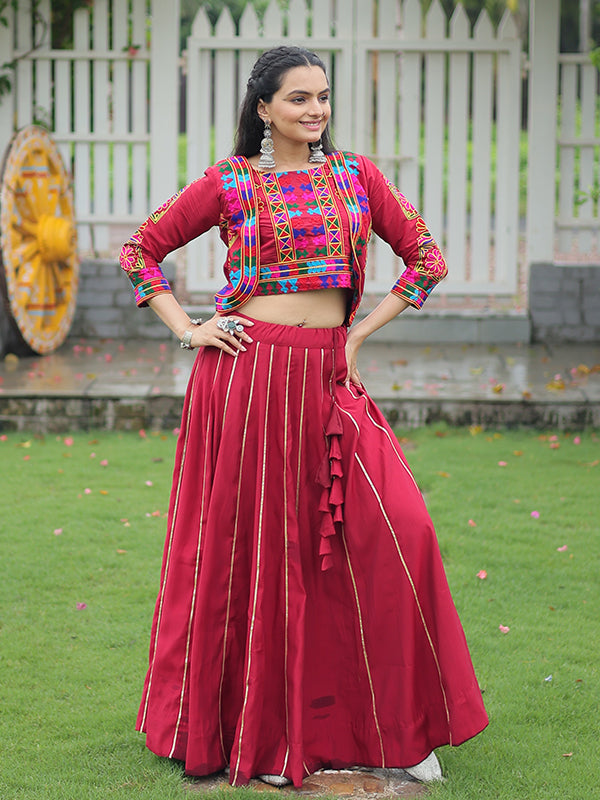 Maroon Koti Pattern Kutchi Gamthi Work Blouse With Lehenga