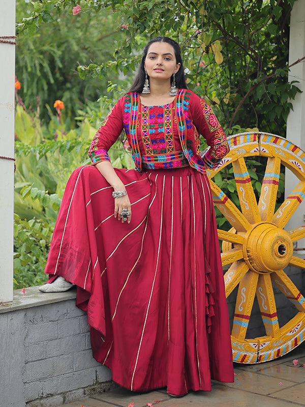 Maroon Koti Pattern Kutchi Gamthi Work Blouse With Lehenga