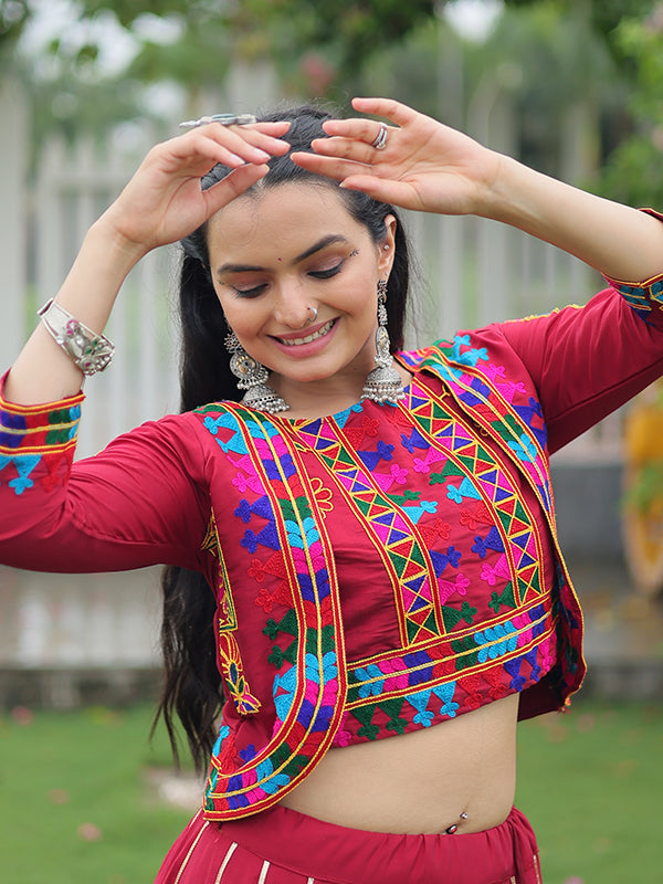 Maroon Koti Pattern Kutchi Gamthi Work Blouse With Lehenga