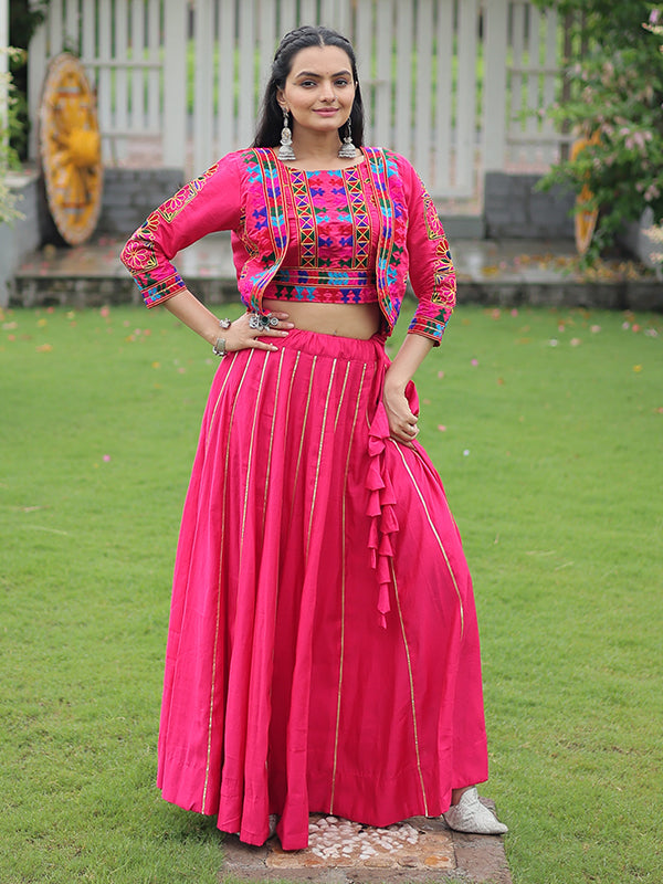 Pink Koti Pattern Kutchi Gamthi Work Blouse With Lehenga