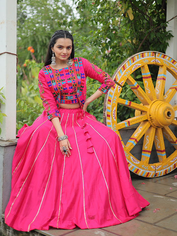 Pink Koti Pattern Kutchi Gamthi Work Blouse With Lehenga