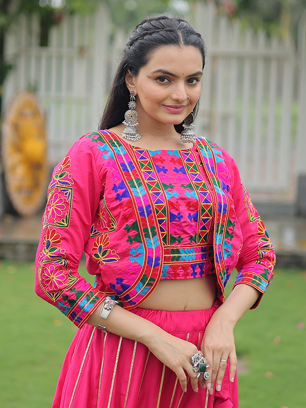 Pink Koti Pattern Kutchi Gamthi Work Blouse With Lehenga