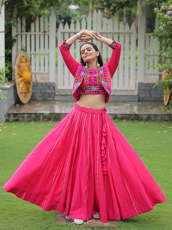 Pink Koti Pattern Kutchi Gamthi Work Blouse With Lehenga