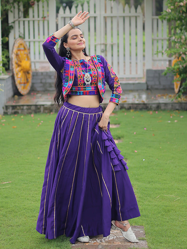Purple Koti Pattern Kutchi Gamthi Work Blouse With Lehenga