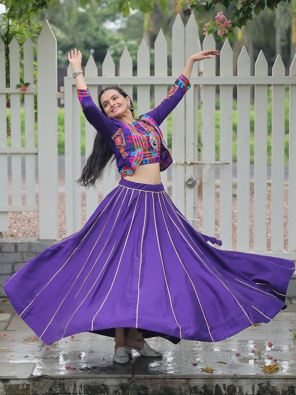 Purple Koti Pattern Kutchi Gamthi Work Blouse With Lehenga
