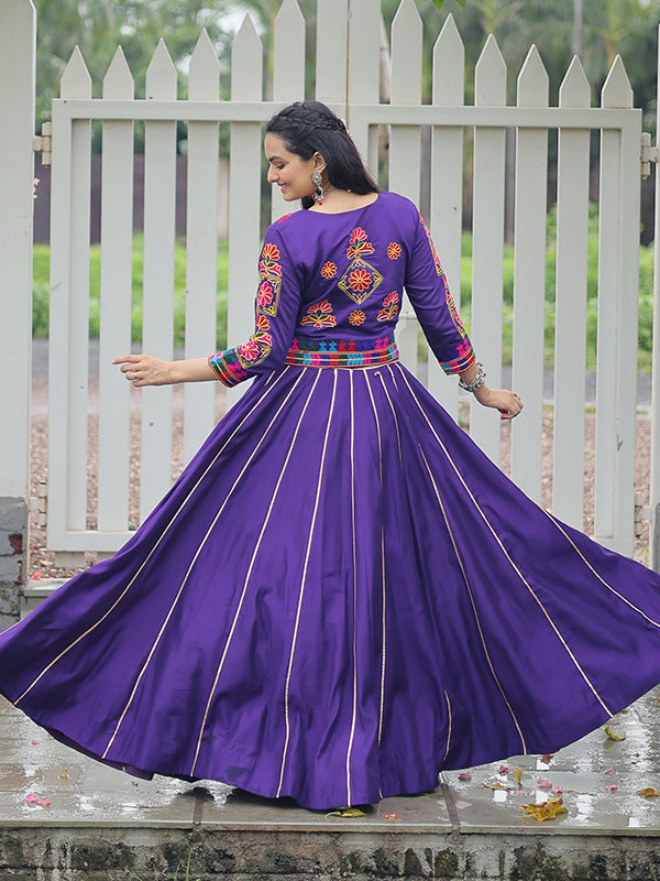 Purple Koti Pattern Kutchi Gamthi Work Blouse With Lehenga