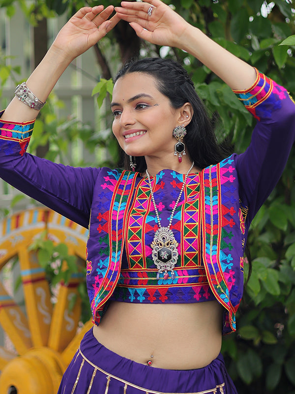 Purple Koti Pattern Kutchi Gamthi Work Blouse With Lehenga