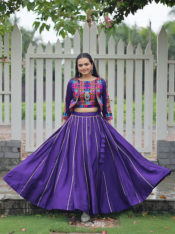 Purple Koti Pattern Kutchi Gamthi Work Blouse With Lehenga