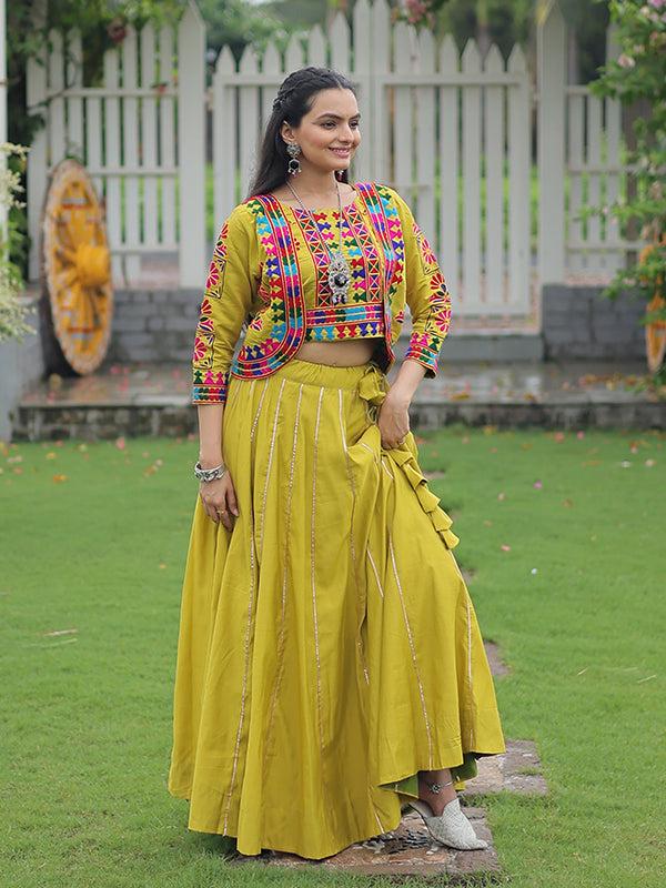 Parrot Green Koti Pattern Kutchi Gamthi Work Blouse With Lehenga