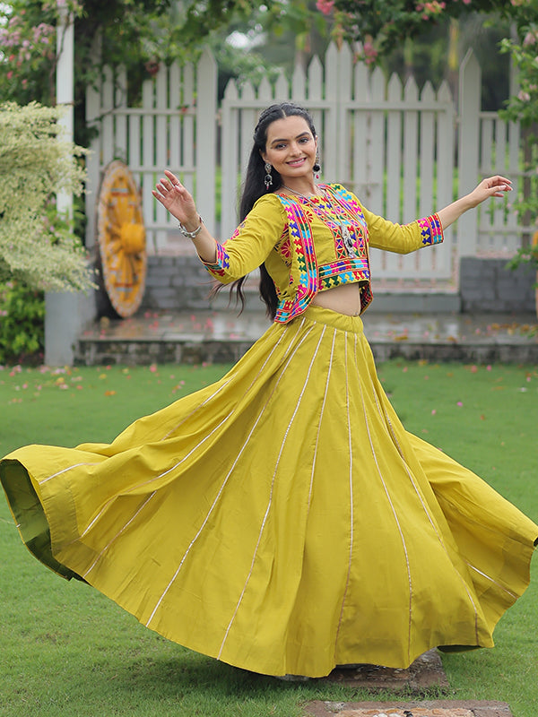 Parrot Green Koti Pattern Kutchi Gamthi Work Blouse With Lehenga
