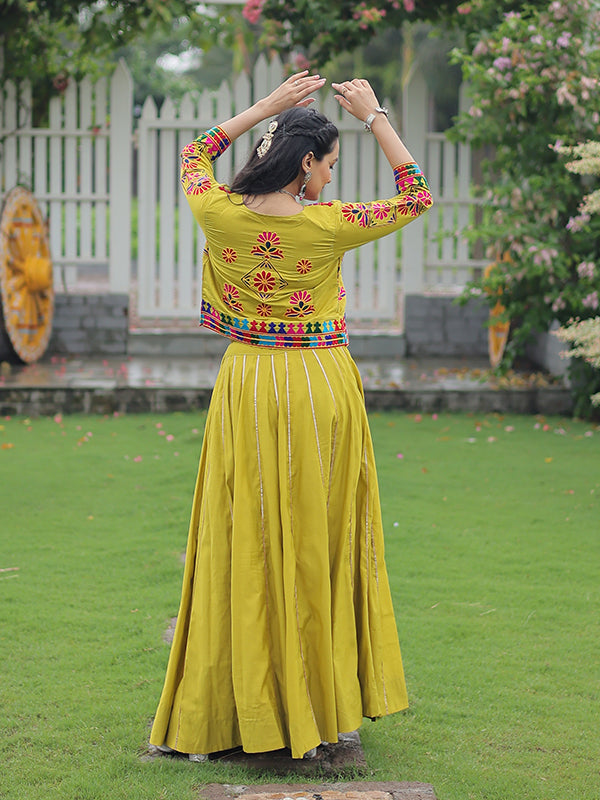 Parrot Green Koti Pattern Kutchi Gamthi Work Blouse With Lehenga
