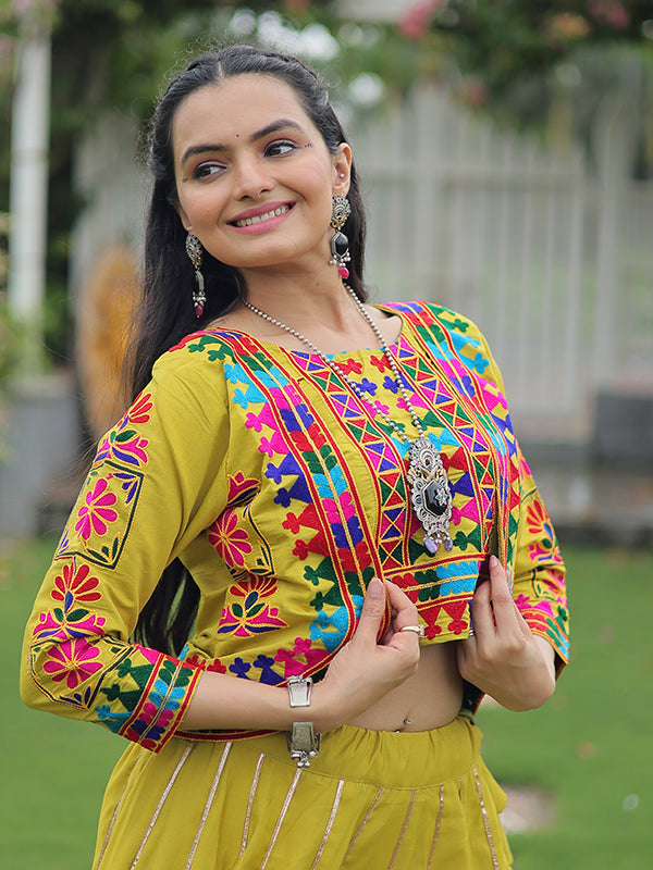 Parrot Green Koti Pattern Kutchi Gamthi Work Blouse With Lehenga