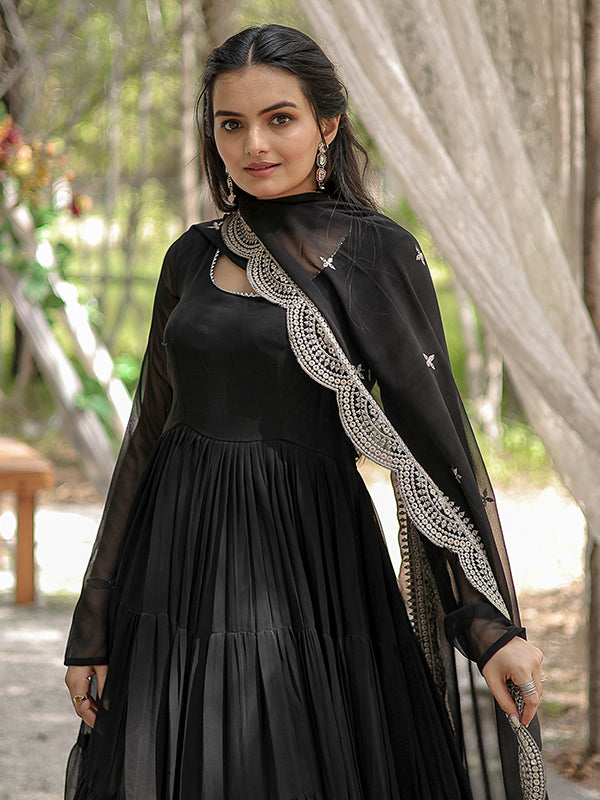 Black Faux Blooming Plain Gown With Sequins Work Dupatta