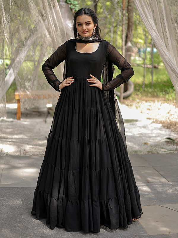 Black Faux Blooming Plain Gown With Sequins Work Dupatta