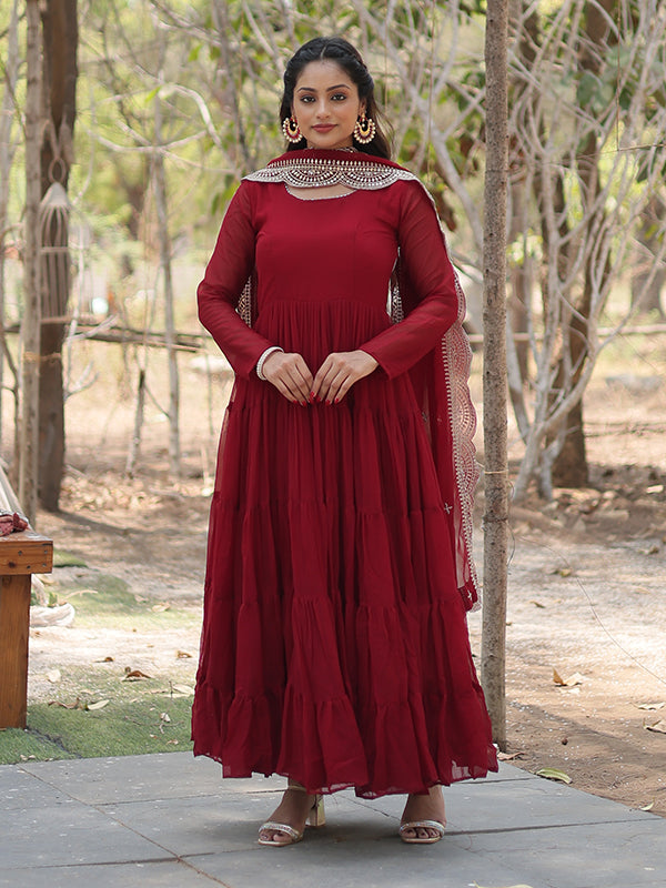 Maroon Faux Blooming Plain Gown With Sequins Work Dupatta