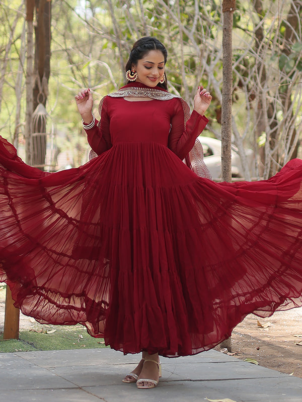 Maroon Faux Blooming Plain Gown With Sequins Work Dupatta