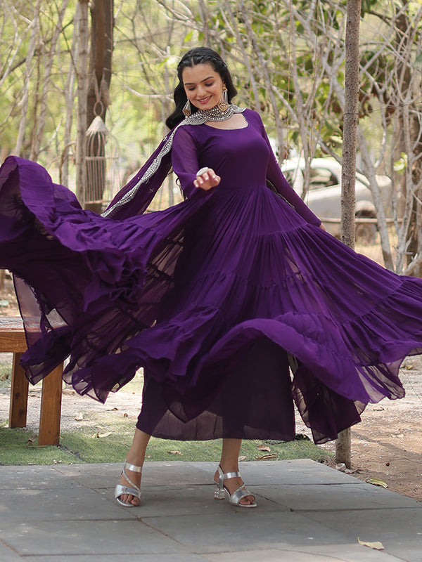 Purple Faux Blooming Plain Gown With Sequins Work Dupatta