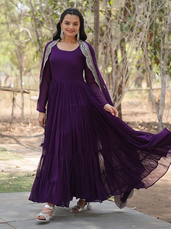 Purple Faux Blooming Plain Gown With Sequins Work Dupatta