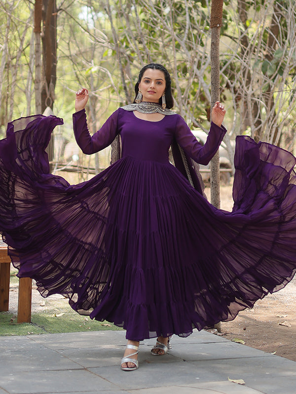 Purple Faux Blooming Plain Gown With Sequins Work Dupatta