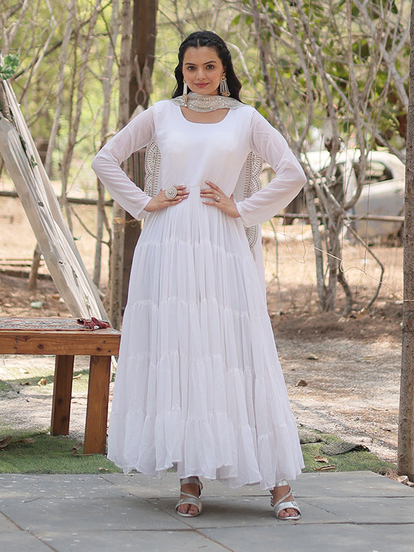 White Faux Blooming Plain Gown With Sequins Work Dupatta