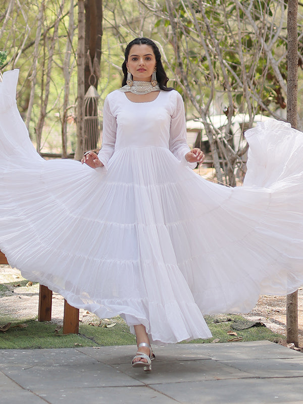 White Faux Blooming Plain Gown With Sequins Work Dupatta