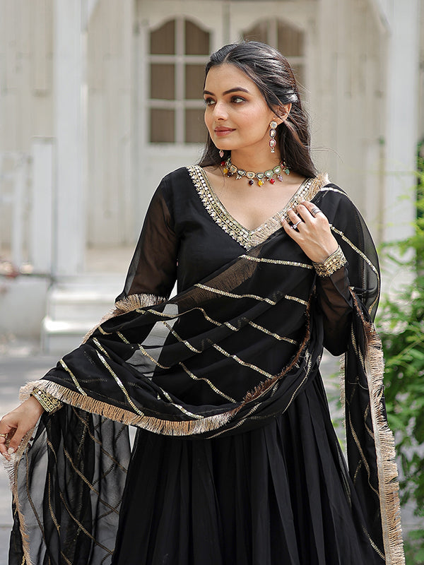 Black Faux Blooming Designer Lace Border Gown With Dupatta