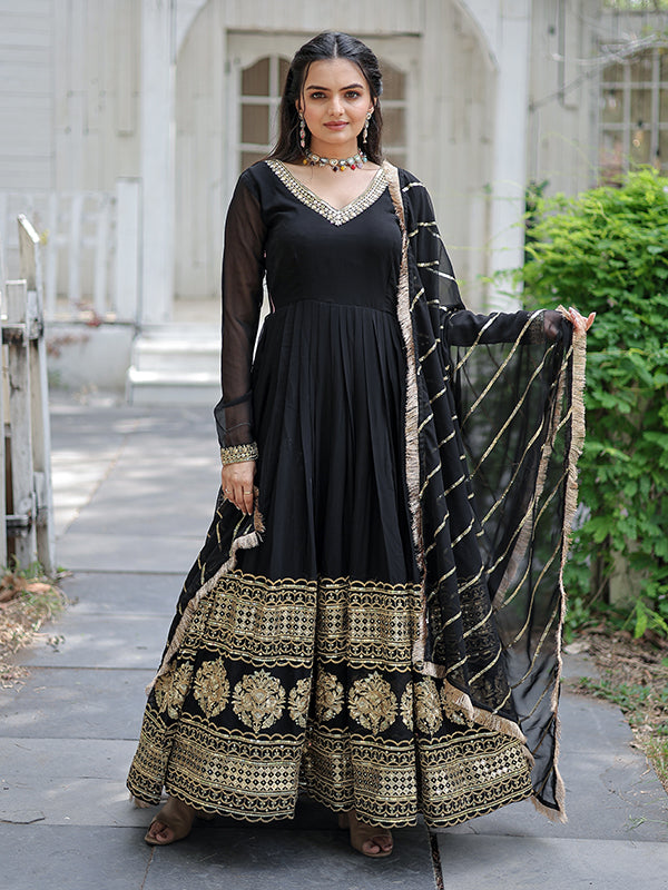 Black Faux Blooming Designer Lace Border Gown With Dupatta