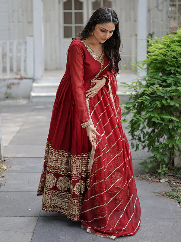 Maroon Faux Blooming Designer Lace Border Gown With Dupatta