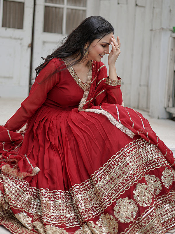 Maroon Faux Blooming Designer Lace Border Gown With Dupatta