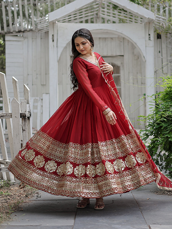 Maroon Faux Blooming Designer Lace Border Gown With Dupatta