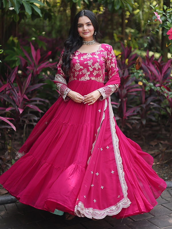 Pink Viscose Sequins Embroidered Work Gown With Dupatta