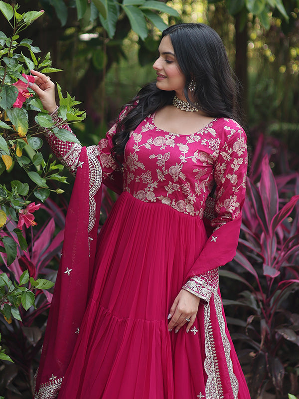 Pink Viscose Sequins Embroidered Work Gown With Dupatta