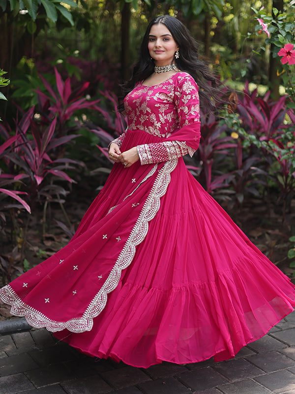 Pink Viscose Sequins Embroidered Work Gown With Dupatta