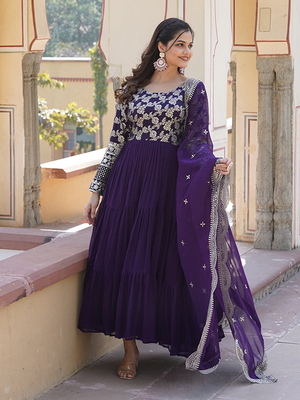 Purple Viscose Sequins Embroidered Work Gown With Dupatta