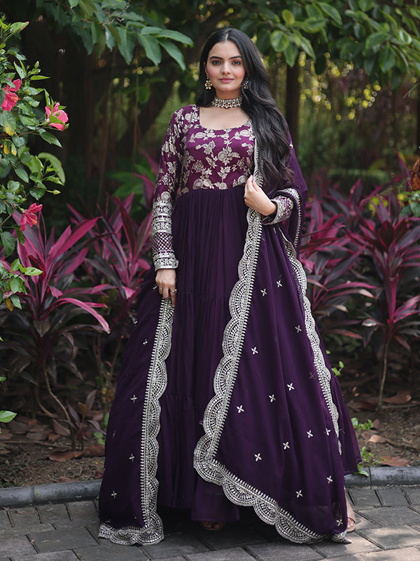 Wine Viscose Sequins Embroidered Work Gown With Dupatta