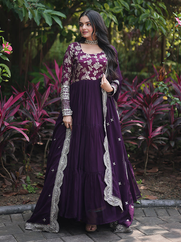 Wine Viscose Sequins Embroidered Work Gown With Dupatta