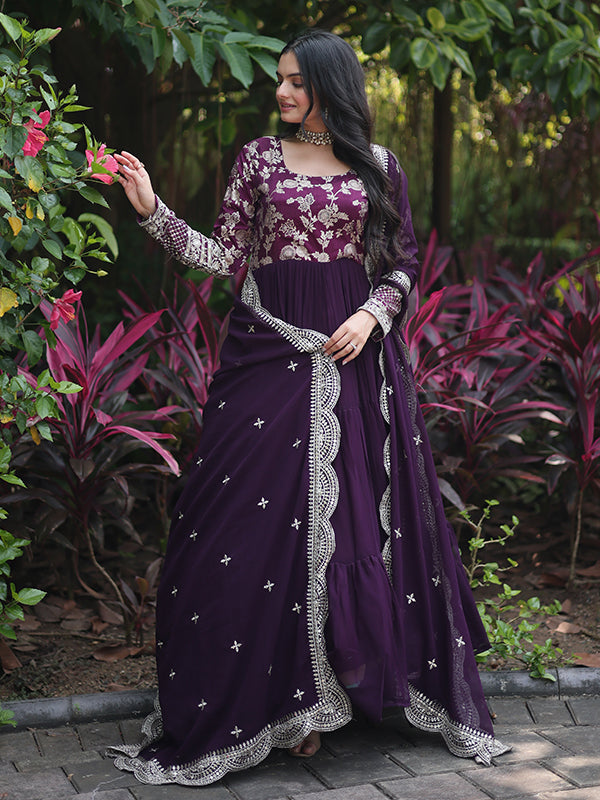 Wine Viscose Sequins Embroidered Work Gown With Dupatta