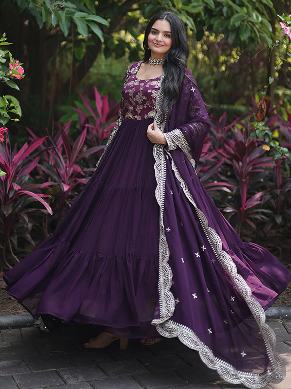 Wine Viscose Sequins Embroidered Work Gown With Dupatta