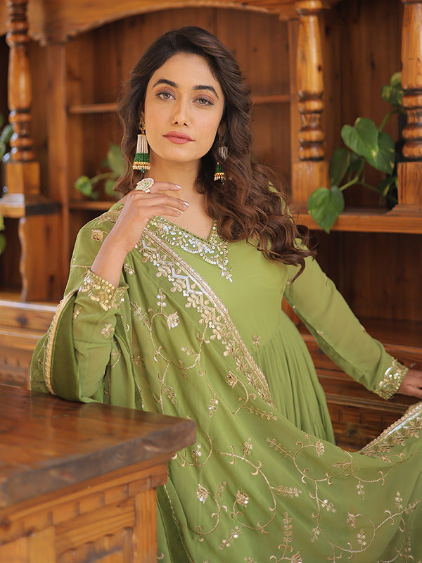 Parrot Green Faux Georgette with Embroidered Work Gown With Dupatta