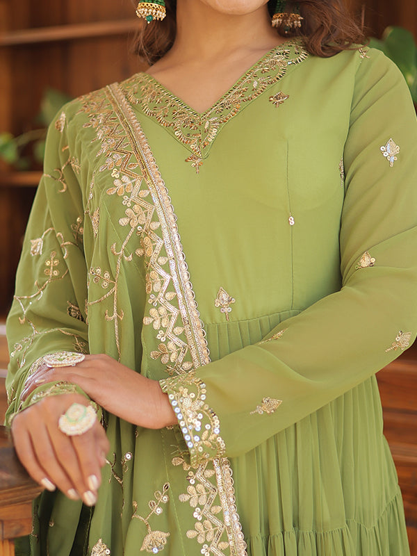 Parrot Green Faux Georgette with Embroidered Work Gown With Dupatta