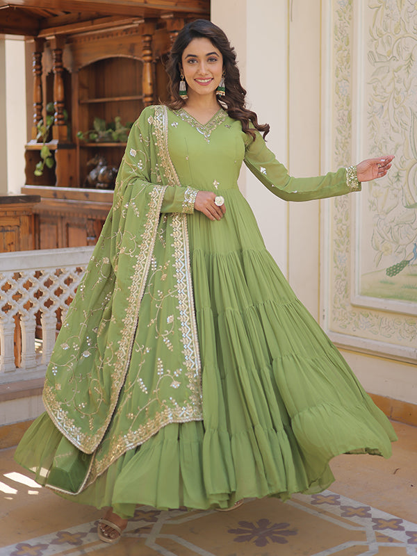 Parrot Green Faux Georgette with Embroidered Work Gown With Dupatta