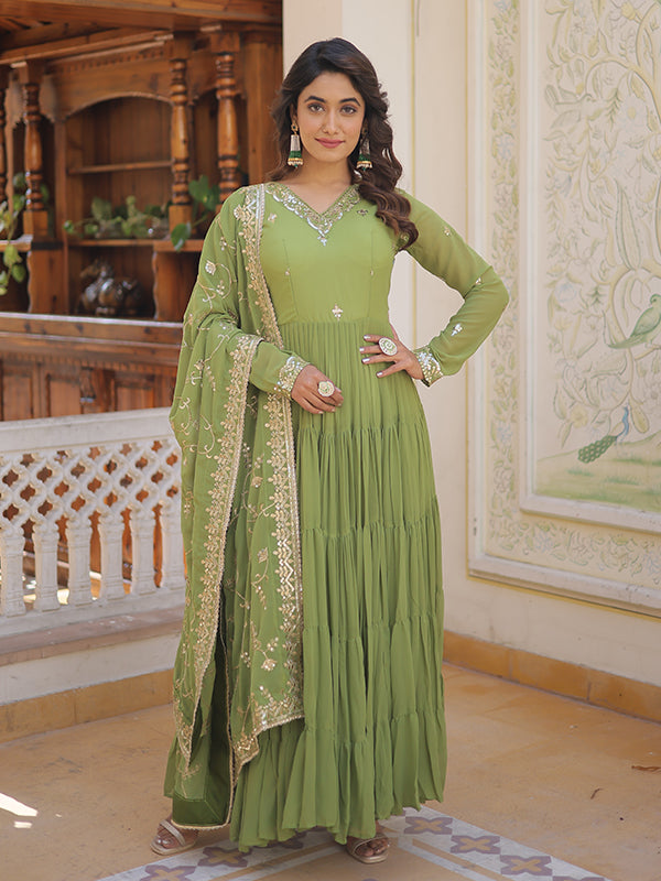 Parrot Green Faux Georgette with Embroidered Work Gown With Dupatta