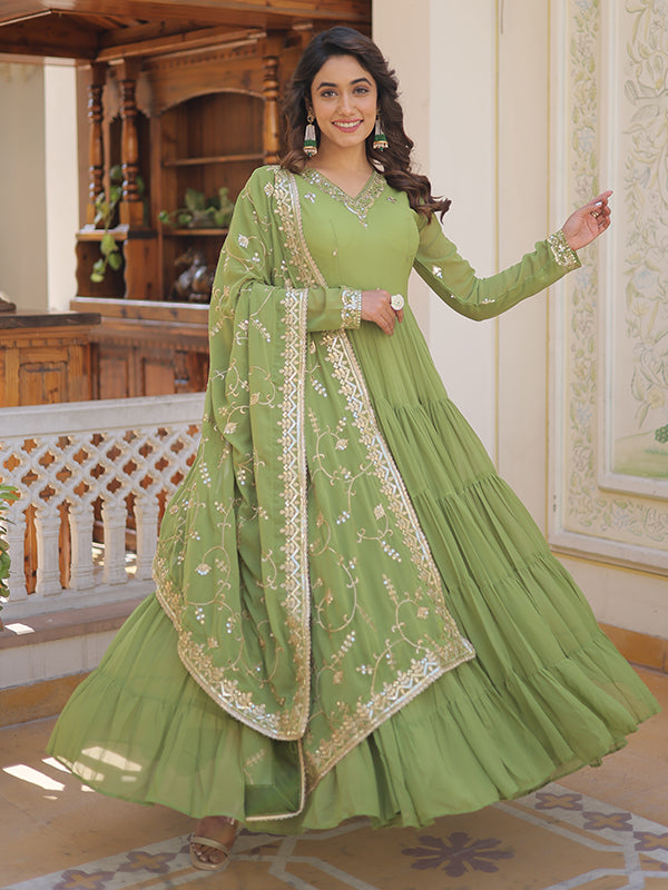 Parrot Green Faux Georgette with Embroidered Work Gown With Dupatta