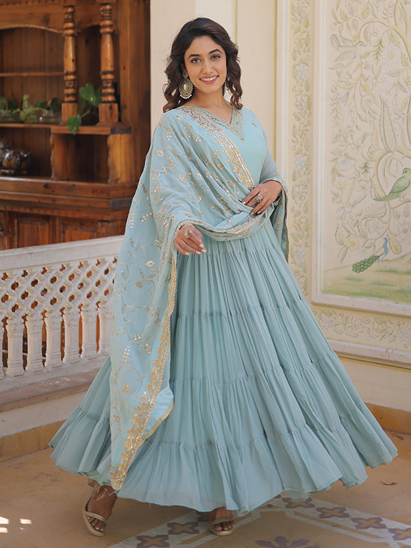 Sky Faux Georgette with Embroidered Work Gown With Dupatta