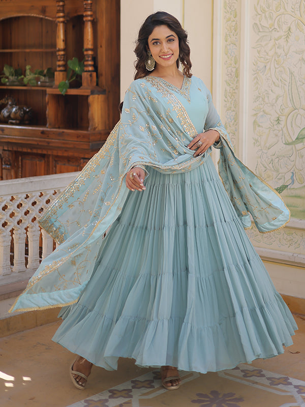 Sky Faux Georgette with Embroidered Work Gown With Dupatta