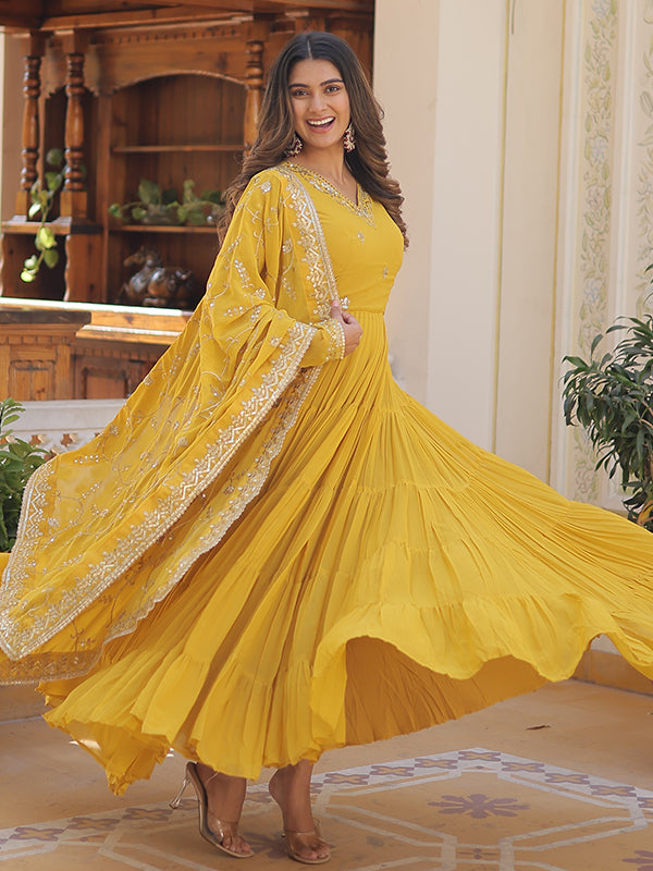 Yellow Faux Georgette with Embroidered Work Gown With Dupatta