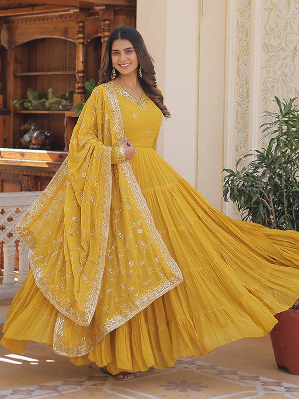 Yellow Faux Georgette with Embroidered Work Gown With Dupatta